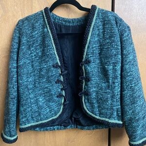 Green Open Front Jacket with Decorative Trim